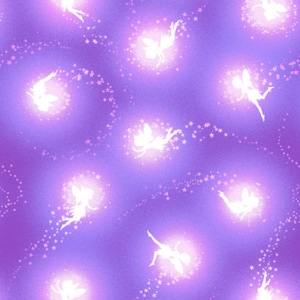 May include: A repeating pattern of white fairy silhouettes with glowing halos and star trails on a purple background. The fairies are in various poses, creating a whimsical and magical design.
