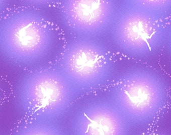 Tossed Pixie Silhouettes Purples Cotton Fabric by the Yard - Glow in the Dark - Pixies and Petals Collection
