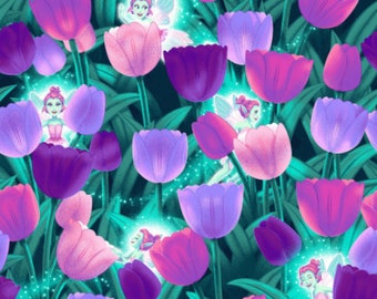 Pixies and Tulips Cotton Fabric by the Yard - Pixies & Petals Collection - Henry Glass 193G-65