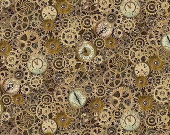 Gears and Clocks Cotton Fabric by the Yard - Steampunk Menagerie Collection