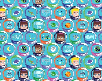 I'm An Astronaut Turquoise Cotton Fabric by the Yard - Lift Off Collection