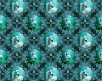 Medallions Teal Polyester Fabric by the Yard - Unicorn Magic Collection