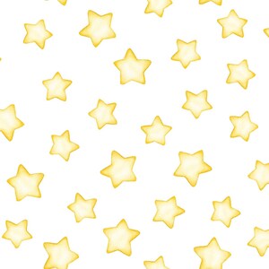 May include: A repeating pattern of yellow stars on a white background. The stars are in various sizes and orientations, creating a whimsical and playful design. The stars have a soft, watercolor-like appearance.