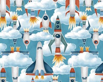 Rockets Launch Blue Cotton Fabric by the Yard - Glow in the Dark - Milky Way Collection