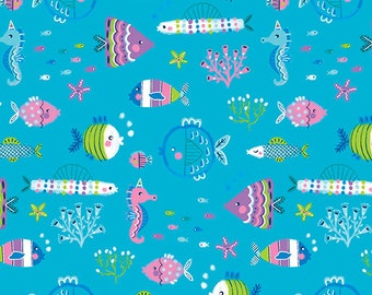 Underwater Friends Agua Cotton Fabric by the Yard - Pearlescent - Mystical Mermaids Collection