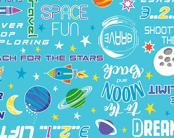 Space Words Turquoise Cotton Fabric by the Yard - Lift Off Collection
