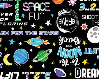 Space Words Black Cotton Fabric by the Yard - Lift Off Collection