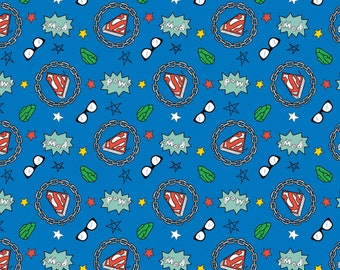 Tossed Doodle Blue Cotton Fabric by the Yard - Superman Doodles Collection