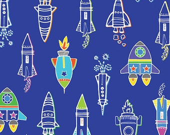 Rocket Lift Off Blue Cotton Fabric by the Yard - Lift Off Collection
