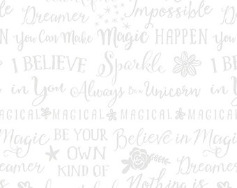 Dreamer Words White Cotton Fabric by the Yard - Pearlescent - Dreamers Collection
