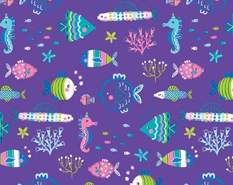Underwater Friends Purple Cotton Fabric by the Yard - Pearlescent - Mystical Mermaids Collection
