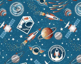 Tossed Elements Teal Cotton Fabric by the Yard - Glow in the Dark - Milky Way Collection
