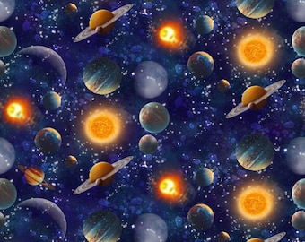 Planets Navy Cotton Fabric by the Yard - Space Cadet Collection