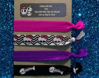 Sugar Skull Inspired Elastic Hair Ties Set / Monster High / Gothic / Fish Bones / Punk  / Rock n Roll / Teenager / Tween / party / hot /glam
