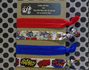 Tom and Jerry inspired Elastic Hair Ties Set / Saturday Morning Cartoons / classic logo / throwback / Cat / Mouse / Birthday Theme / Favors