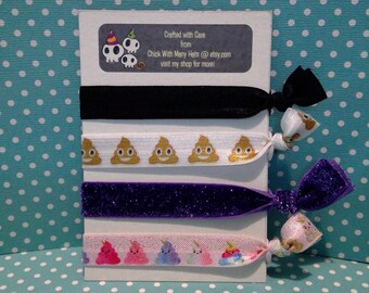 Poop Emojis and Magical Unicorn Poop Elastic Hair Ties Set / Doody / baby shower / birthday / bling / yoga / party favors / silly / funny
