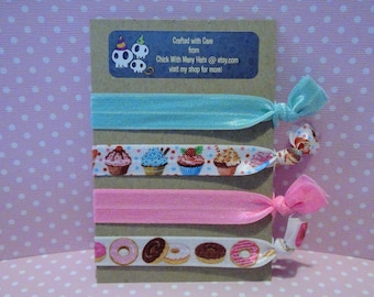 Cupcake /Sweet Tooth theme Elastic Hair Ties Set / Donuts / Junk Food party / Sprinkles / Icing / Pastry / Gift Bags / Favors / Treats