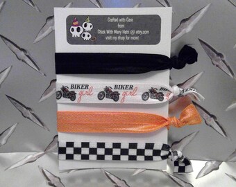 Biker Girl theme Elastic Hair Ties Set / Ride or Die Chick / Motorcycle / Lady Rider / Helmet Hair / Racer Gear / Hip Couple / Best Gifts