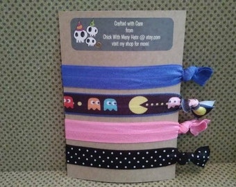 Pac Man Inspired Elastic Hair Ties Set / Arcade Game / 80's / party / geek / bracelet / bachelorette / wedding / favors / shower /retro