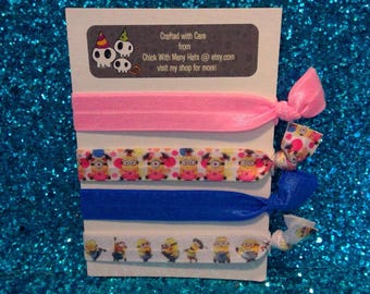 Minions Inspired Elastic Hair Ties Set / Despicable Me 4 / Gru / Movie / Party / Scrunchie / Birthday / Animated / Favors / Theme / Funny