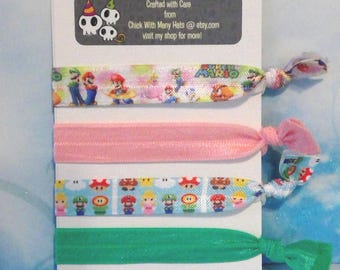 Super Mario Bros. Inspired Elastic Hair Ties Set / Mario Kart / Theme / Birthday / Party Favors / NES / Cosplay / Bowser / Mushroom / Luigi