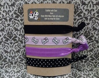 Gothic Skulls theme Elastic Hair Ties Set / Favors / Bracelet/ Steampunk / Rock / Party / birthday / bachelorette / wedding /heavy metal