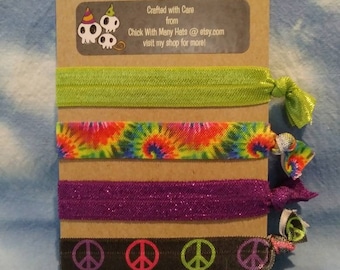 Hippie Chick theme Elastic Hair Ties Set / Free Spirit / Soul Sister / Magical / tie dye / peace out / wild child / cool gifts / Earth