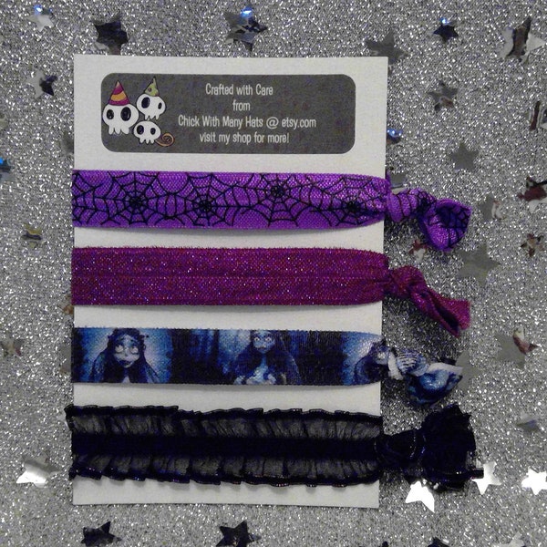 Corpse Bride Inspired Elastic Hair Ties Set / Emily / Spooky / Spider Web / Garter / Wedding / Costume / Bachelorette / Favors / Romantic