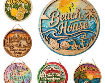 Pacote de SVG para Placa de Boas-Vindas de Verão para Porta | Guirlanda de Verão Cortada a Laser para Porta | Decoração de Fazenda | Download Digital de Placa de Porta de Verão
