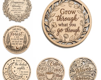 Inspirational Laser Cut Coaster Bundle SVG | Wooden Quote Coasters Files | Floral Forest Coffee Wave Designs | Glowforge File
