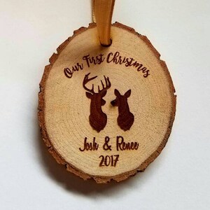 Personalized wood buck deer antlers Our First Christmas ornament with names and year cabin country lodge hunting