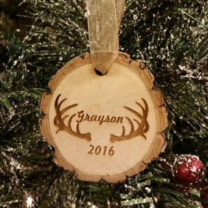 Personalized wood buck deer antlers Christmas ornament with name and year cabin country lodge hunting