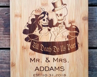 Personalized Cutting Board, Skeleton Skull Wedding, Bride and Groom Gift, Gothic Wedding, Skull Wedding, Couples Gift, Wedding Gift Engraved