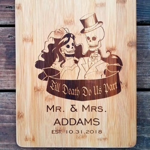Personalized Cutting Board, Skeleton Skull Wedding, Bride and Groom Gift, Gothic Wedding, Skull Wedding, Couples Gift, Wedding Gift Engraved image 1