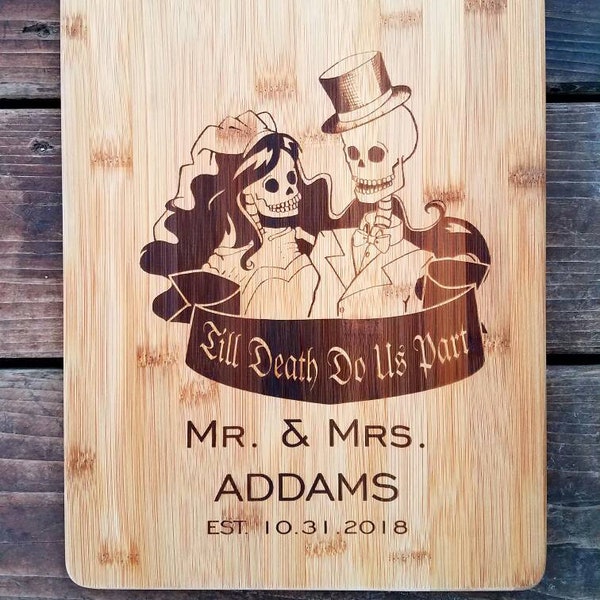 Personalized Cutting Board, Skeleton Skull Wedding, Bride and Groom Gift, Gothic Wedding, Skull Wedding, Couples Gift, Wedding Gift Engraved