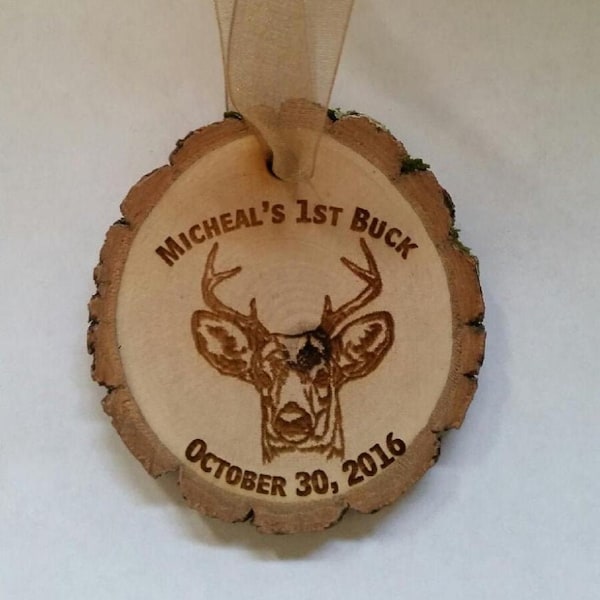 Personalized wood Buck Deer Christmas ornament with name and date cabin country lodge hunting