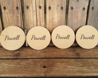 Personalized Coasters, Set of 4 Round Cork Coasters, Housewarming Gift, Monogram Coasters, Custom Coasters, Wedding, Christmas Gift