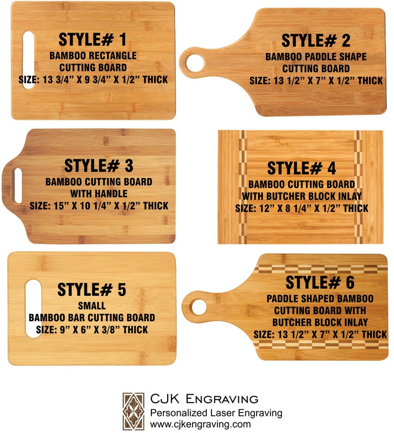 May include: Six different styles of bamboo cutting boards with various sizes and shapes. The boards are made of natural bamboo and have a smooth, polished finish. The boards are ideal for cutting, serving, and displaying food.