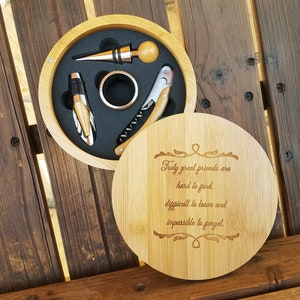 Wine Gift, Bridesmaid Gift, Wedding Gift, Winery Gift, Wine Lover Gift, Wedding Party Gift Round Bamboo 4-Piece Wine Tool Set Personalized