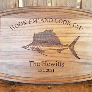 Fisherman Gift Personalized Hook em&#39; and Cook em&#39; Sailfish Fishing Cutting Board Kitchen Christmas Birthday Father&#39;s day Gift