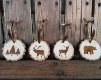 Wildlife Christmas Ornaments, Bear Deer Elk Pine Trees Ornaments Christmas ornaments Set of  4 ornaments Cabin Christmas Ornaments