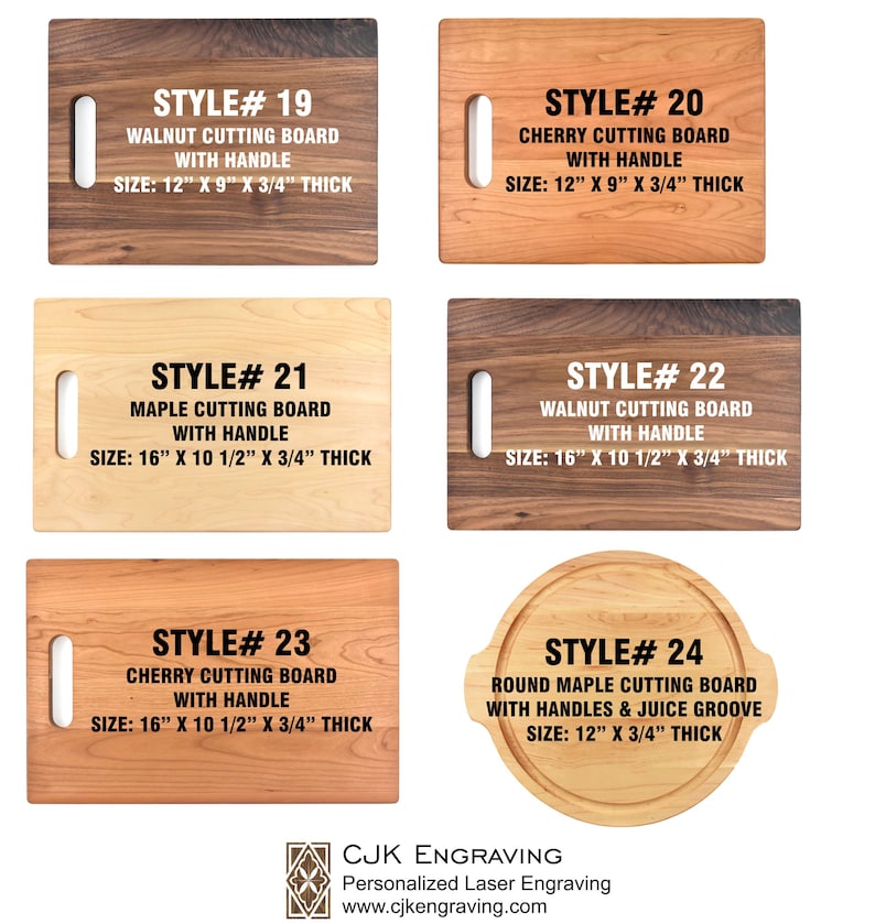 May include: Six different styles of wooden cutting boards with handles. The boards are made of walnut, cherry, and maple wood. The sizes of the boards range from 12 inches by 9 inches to 16 inches by 10 1/2 inches. The boards are all 3/4 inch thick.