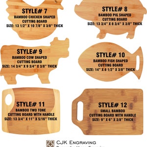 May include: A set of 10 different styles of bamboo cutting boards. The boards are shaped like a chicken, pig, cow, fish, and rectangle. The boards are all made of natural bamboo and have a smooth, polished finish. The boards are all different sizes and have a variety of designs. The boards are perfect for cutting vegetables, fruits, and meats. The boards are also great for serving cheese, crackers, and other snacks. The boards are all made in the USA.