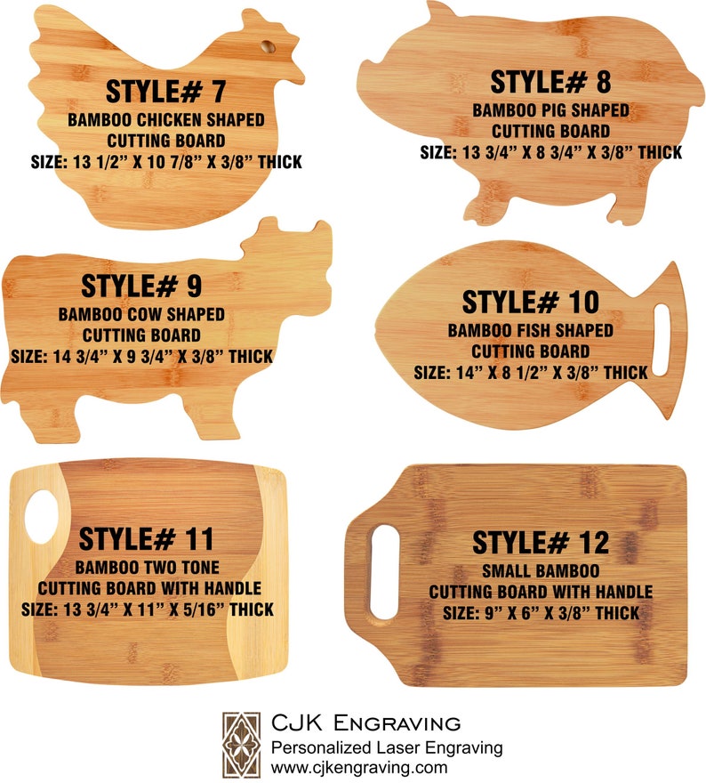 May include: A set of 10 different styles of bamboo cutting boards. The boards are shaped like a chicken, pig, cow, fish, and rectangle. The boards are all made of natural bamboo and have a smooth, polished finish. The boards are all different sizes and have a variety of designs. The boards are perfect for cutting vegetables, fruits, and meats. The boards are also great for serving cheese, crackers, and other snacks. The boards are all made in the USA.
