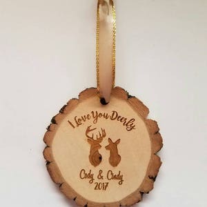 Personalized wood buck deer antlers I Love You Deerly Christmas ornament with names and year cabin country lodge hunting