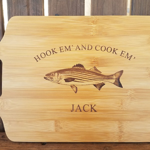 Fishing Gift Personalized Hook em' and Cook em' Striped Bass Fishing cutting Board Kitchen Christmas Birthday Father's Day Gift Filet Gift