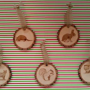5 Rustic wood Christmas ornaments Cat Squirrel Opossum Rabbit Armadillo