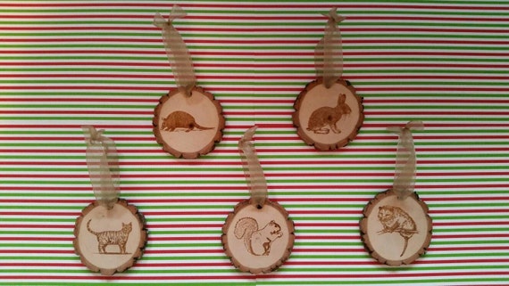5 Engraved Wood Christmas Ornaments Rabbit Opossum Armadillo Squirrel Cat