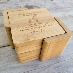 4H Thank you Gift 4H Buyer Thank you Gift 4H Market Lamb Buyer Gift 4H Fair Gift Livestock Gift Set of 6 Square Bamboo Coasters and Holder