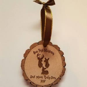 Personalized wood buck doe fawn deer Our First Christmas ornament Dad Mom Baby Deer year cabin country lodge hunting